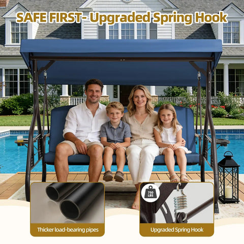 Family sitting on a Three Seat Outdoor Porch Swing With Adjustable Canopy and Backrest, showing thicker pipes and spring hook.