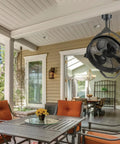 Rugged Outdoor 18 Inch Ceiling Mount Fan With Dual Height Mount Options 360 Degree Direction installed on patio, black matte finish