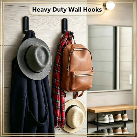 Tough As Nails Zinc Alloy Folding Wall Hooks Space Saver Flip Down Design For Coats Bags Hats And Keys, with hats and bags displayed.