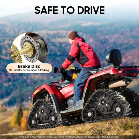 Person riding ATV equipped with Heavy Duty 600mm Rear Axle Track Assembly Kit For Go Karts ATVs Snowmobiles Beach Bikes And Mountain Motorcycles DIY Ready Durable Metal Build With Brake Disc Included For Tough Trail Riding in mountain terrain.