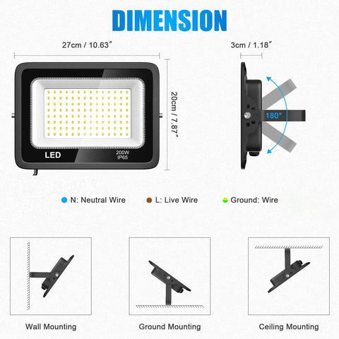 Image showing dimensions of Two Pack 200W LED Flood Lights Outdoor Hella Bright 18000 Lumen Security Lighting with mounting options.