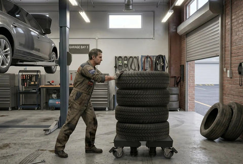 Heavy Duty Tire Dolly With 500 Lb Load Capacity And Smooth Rolling Garage Storage Rack in use, transporting stacked tires.