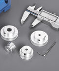 8mm Fixed Bore Aluminum Single Groove Pulley 20mm Outer Diameter for 5-6mm PU Belts shown with caliper and tools