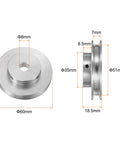Front and side view of lightweight 8mm bore aluminum single groove pulley with 60mm outer diameter, designed for 6mm PU belt drives.