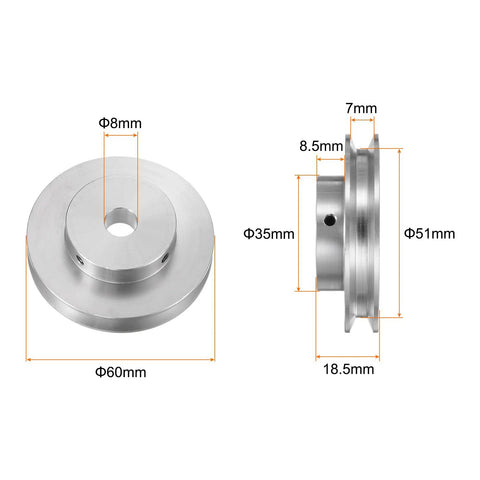 Front and side view of lightweight 8mm bore aluminum single groove pulley with 60mm outer diameter, designed for 6mm PU belt drives.