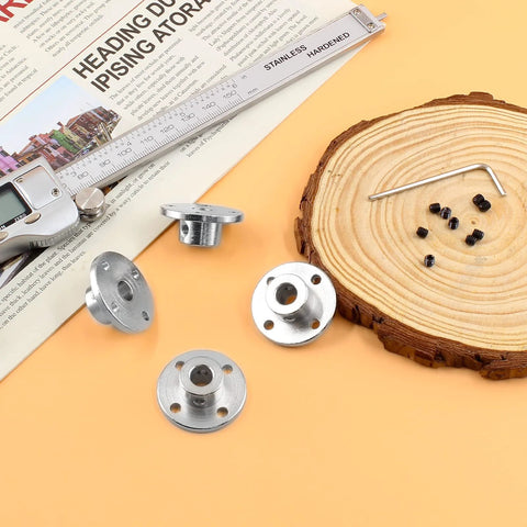 Four pack 8mm flange shaft couplings with 16mm body and 8mm bore, shown with M4 screws and hex wrench on a table.