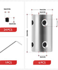Six Piece 8mm Shaft Couplers Set with set screws and Allen wrench for machines, robots, hobby CNC projects, high strength steel