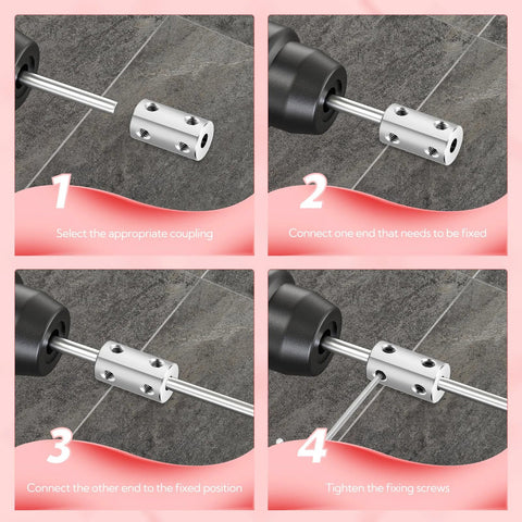 Installation steps for Six Piece 8mm Shaft Couplers Set, showing how to connect dual 8mm shafts using set screws and high strength steel couplers.