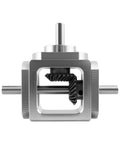 90 Degree Bevel Gearbox With Dual Output Shafts For 1 To 1 Transmission In Compact Aluminum Frame 6mm Shaft 20 Teeth Cone Gears Cone Gear Reversing Angle Device For Gearhead Friendly DIY Mechanical Projects, front view.