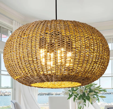 Large 22.83 Inch Rattan Boho Chandelier With Hand Woven Wicker, 4 Light Pendant Ceiling Fixture in elegant dining room