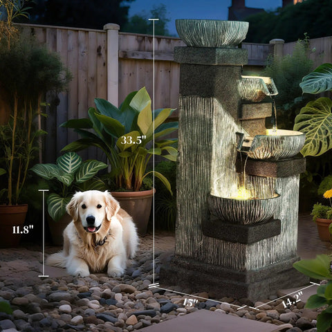 Four Tier Outdoor Water Fountain With LED Lights, 33.5 Inch Tall Resin Cascading Bowls Waterfall For Garden Patio Backyard