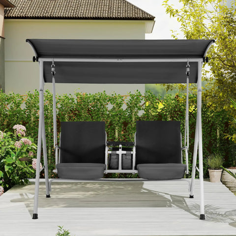 Two Seat Outdoor Porch Swing With Adjustable Canopy Heavy Duty 650 Lbs Capacity Pivot Storage Table Cup Holders And Cushions For Yard Lawn Backyard Dark Black