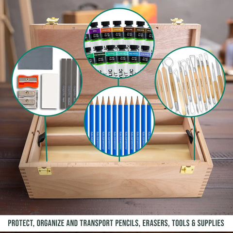 Durable Wooden Art Box With Locking Clasps And Removable Tray, Multi Function Tool Organizer for supplies, open view with contents.