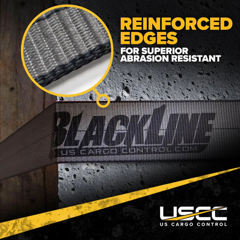 Close-up of heavy duty 2 inch 18 foot ratchet straps with reinforced edges, black, for secure tie downs on trucks and trailers.