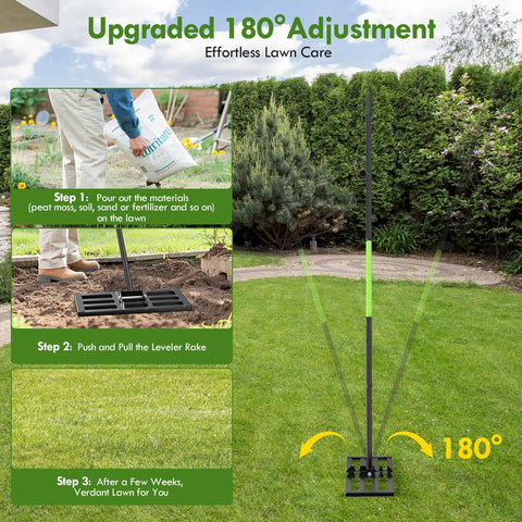 Heavy Duty Lawn Leveling Rake With Six Point Five Foot Steel Handle 17 By 10 Inch Leveling Tool Square Tube Design in use