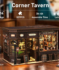 DIY Book Nook Kit Corner Tavern Miniature Dollhouse For Adults Teens Beginners, 3D Wooden Puzzle For Bookshelf Decor, detailed view
