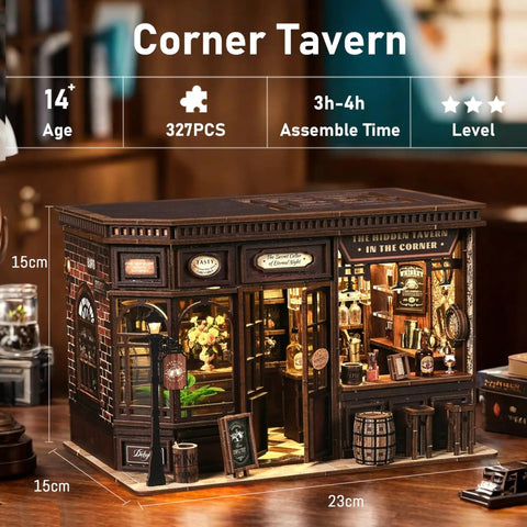 DIY Book Nook Kit Corner Tavern Miniature Dollhouse For Adults Teens Beginners, 3D Wooden Puzzle For Bookshelf Decor, detailed view