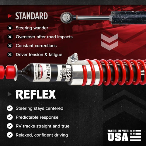 Close-up of Reflex Steering Stabilizer for Vans and Class C Motorhomes, red coil, improves steering, made in USA.