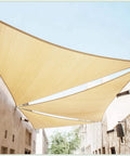 Beige Sun Shade Sail Triangle Canopy 14 Ft By 14 Ft By 14 Ft UV Block UPF50 Water Permeable Heavy Duty Awning installed