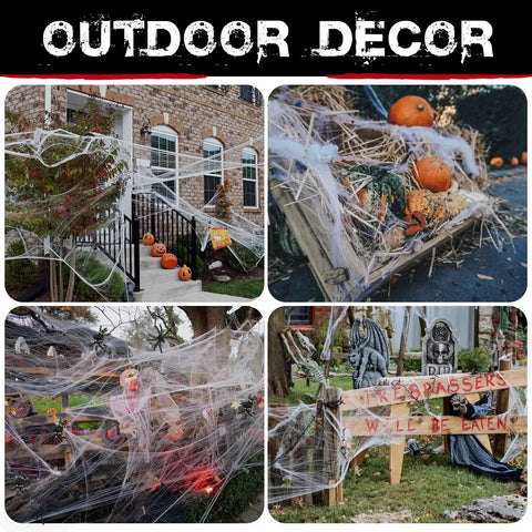 Premium Super Stretchy Halloween Spider Webs Covering 1400 Square Feet With 150 Extra Fake Spiders adorning outdoor decor with pumpkins and spooky accents.