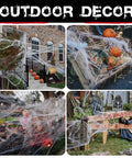 1000 Square Feet Spider Web Halloween Decor with 30 Fake Spiders White Cobweb Mesh on porch with pumpkins and props.