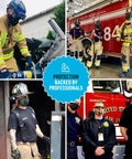 Firefighters wearing masks, featuring F1 Standard Replacement Filters Three Pack For Mask With 99.9 Percent Active Carbon Filtration.