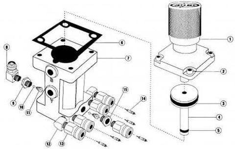 Exploded view diagram of 9100-Stainless Steel JET-SET Piston Pump 5cc max output with components labeled.