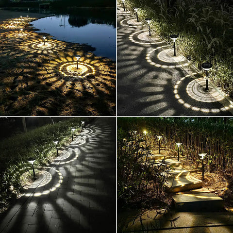 Eight Pack Solar Pathway Lights Outdoor LED Garden Lighting illuminating a garden path with warm and cool white lights