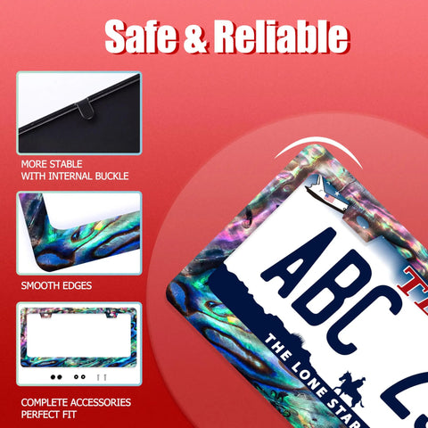 Close-up of iridescent faux abalone shell license frame highlighting smooth edges and stability features