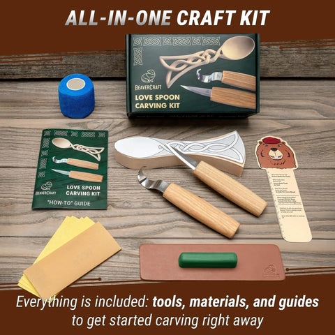 Wood Spoon Carving Kit For Beginners Diy04 With Sloyd Knife And Hook Knife Basswood Blank Hands On Whittling Set displayed with tools and guide.