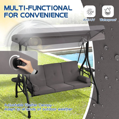 Gray Three Seat Patio Swing With Adjustable Canopy And Stand Heavy Duty Outdoor Porch Glider Bench beside pool