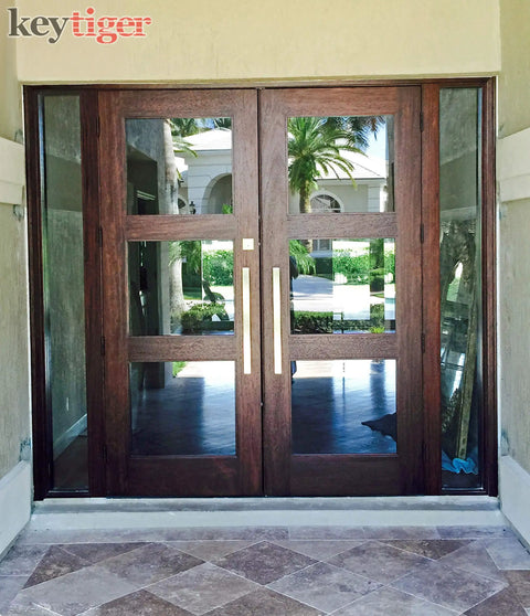 Sleek 48 Inch Single Sided Modern Stainless Steel Front Door Handle With A Slick Brushed Nickel Satin Finish for double doors.