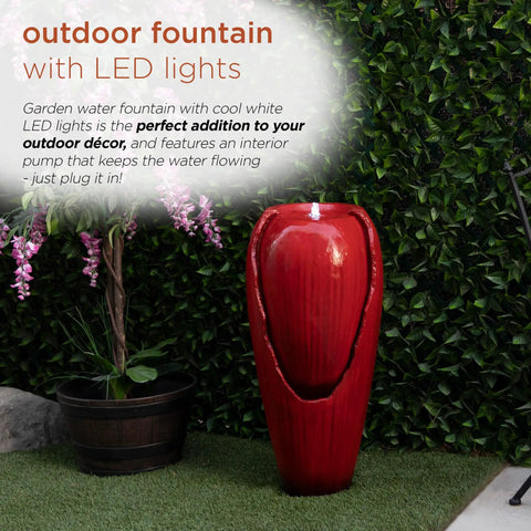 33 Inch Outdoor Vintage Cascading Antique Jar Water Fountain With LED Lights Red Finish for Garden Decor