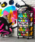 Heavy Duty Rolling Cart Holds A Solid Fifty Spray Paint Cans Built Tough For Double Sided Storage Plus Top Tool Tray with artist using spray paint.