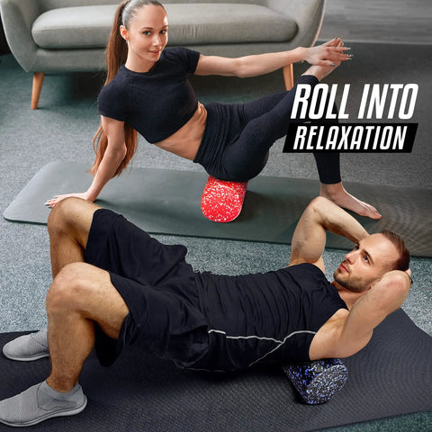 Two people using High Density EPP Round Back Foam Roller For Back, Yoga And Pilates - Gym Ready Deep Tissue Massage, Red Snow 24 Inches.