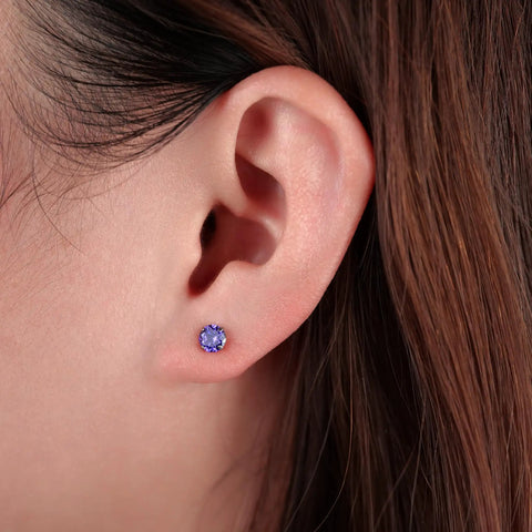 Top Shelf Implant Grade Titanium Screw Back Earrings Hypoallergenic Nickel Free Frame Crafted For Sensitive Skin With Fresh Gemstone Settings, purple stone, close-up on ear.