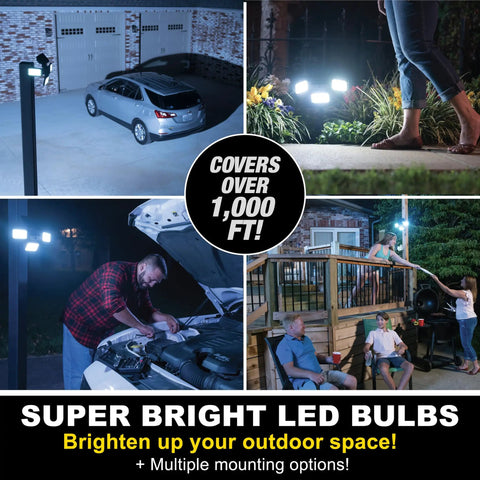 Solar powered outdoor flood light with motion sensor illuminating driveway, garden, car engine, and patio with super bright 108 COB LEDs.