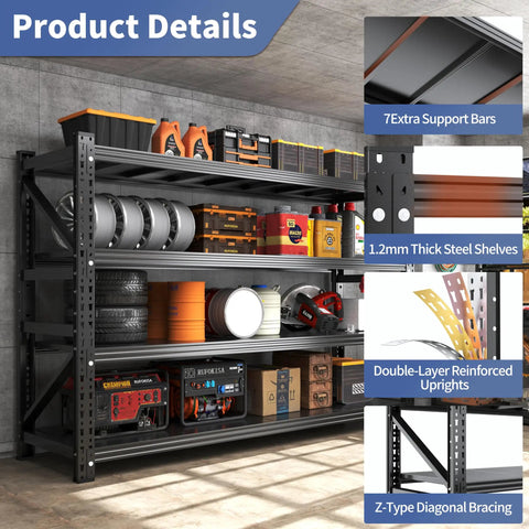 Extra Large Heavy Duty Metal Storage Shelves Built Like A Tank Adjustable Four Tier Garage Rack With Deep Shelves For Bulk Tools Equipment Warehouse Homeowners, showcasing 1.2mm thick steel shelves and support bars.