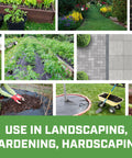 Collage showing No Nonsense Weed Barrier Landscape Fabric, 70Gsm PP, used in gardens and walkways, 3 by 50 ft roll.