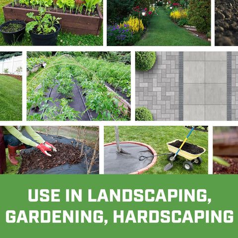 Collage showing No Nonsense Weed Barrier Landscape Fabric, 70Gsm PP, used in gardens and walkways, 3 by 50 ft roll.