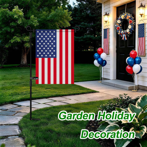 Heavy Duty Garden Flag Stand With Collapsible Steel Holder Pole Weatherproof Coating And Locking Spring Clips For Top Tier Outdoor Decor displaying US flag in garden.
