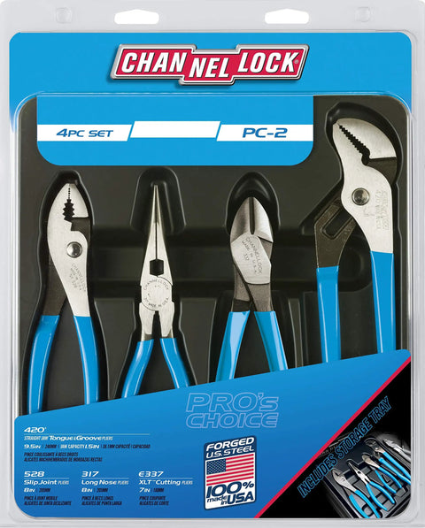 Pro's Choice Pliers Kit With Bonus Tool Tray For Easy Storage 4 Piece Heavy Duty Set featuring four blue-handled pliers.