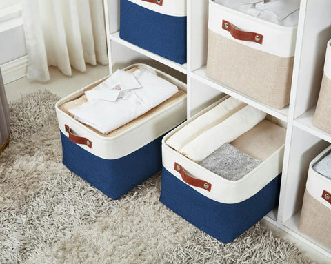 Tough As Nails Heavy Duty Fabric Storage Bins With Reinforced Metal Frame And Faux Leather Handles, Large Closet Organizers Making Shelves A Total Game Changer, 3 Pack For Quick Cleanup, showing folded clothes in navy bins.
