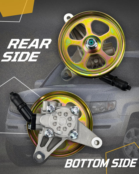 Direct Fit Power Steering Pump And Pulley Assembly For Honda Ridgeline V6 3.5L 2006 Through 2011 rear and bottom view with pulley.