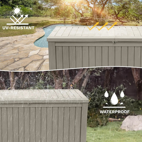Beefy 220 Gallon Outdoor Deck Storage Box With Removable Divider, Waterproof Resin Chest beside a pool and under rain
