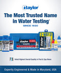 Heavy Duty Six In One Pool Test Kit For Total Chlorine And Bromine Plus Ph Acid And Base Demand Alkalinity With Over 100 Tests No Fuss Quick Readings So You Can Dive Right In in a blue case with test bottles.