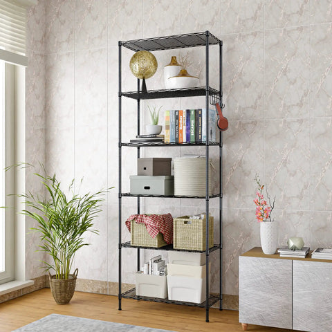 Two Pack Six Tier Heavy Duty Wire Shelving Unit With Adjustable Leveling Feet And Corrosion Resistant Hooks, Built Like A Tank For Garage Clutter Fixes, This Super Sturdy Free Standing Storage Rack Handles Massive Loads Easily in a modern room.