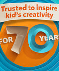 Colorful graphic stating "Trusted to inspire kid's creativity for 70 years" on orange and blue background.