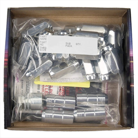 Box of Cone Seat Wheel Lug Nut And Lock Kit For 6 Lug Rims, M14 x 2.0 Thread, showing 20 lug nuts and 4 wheel locks.