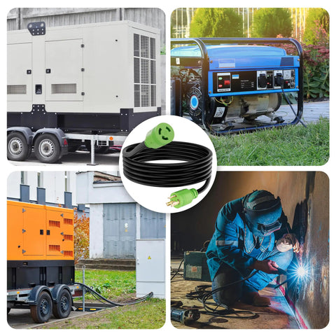 Heavy Duty Nema L6 30 Twist Lock Extension Cord 20 Foot Generator Power Cable 30 Amp in use with generators outdoors.